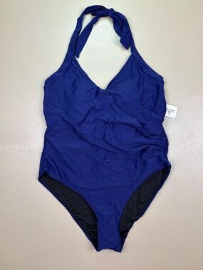 AI Mage Blue One Piece Swimsuit Ruched Halter Tummy Control L NWT
